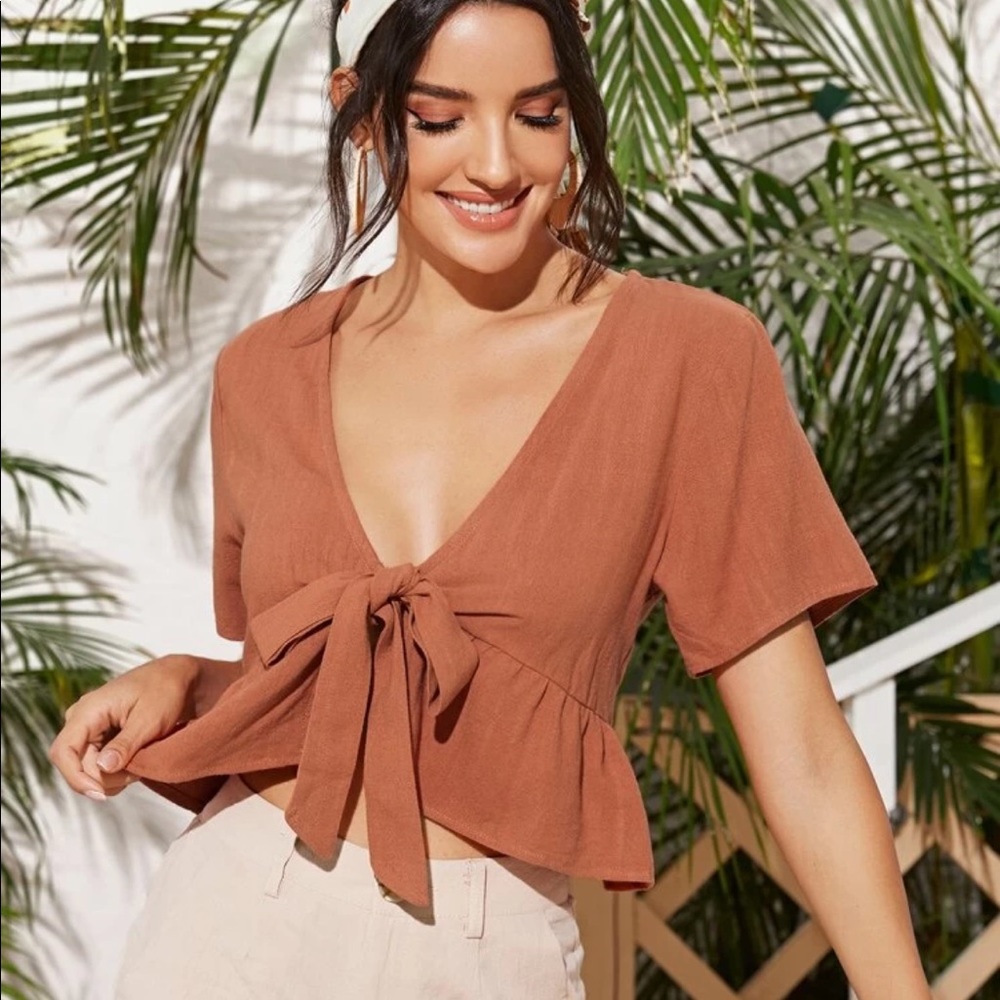 Linen tie front crop top